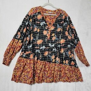 Avenue Tunic Top Womens 26/28 Multicolor Floral Boho Henley Balloon Sleeve